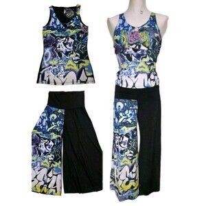 Y2K Funky Diva Super Flare Hip Hop Graffiti Street Dance Capri Pant + Tank Set M